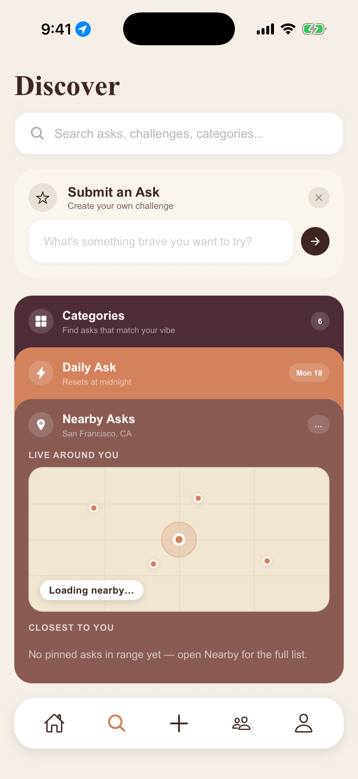 Discover asks, categories, and nearby challenges