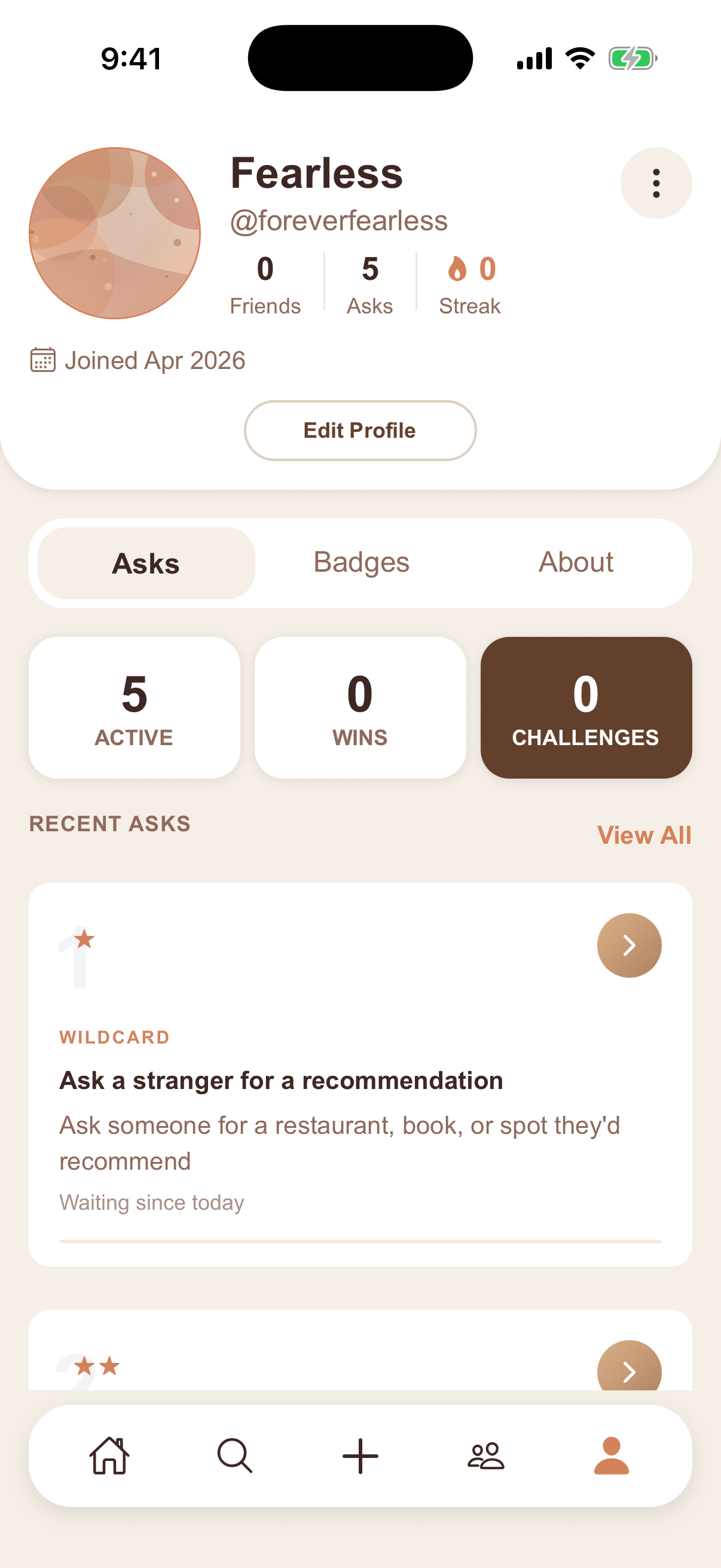Profile with asks, badges, and challenge stats